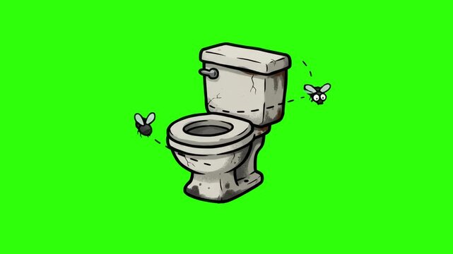 A gross 2D cartoon dirty toilet bowl with flies buzzing around it, isolated on a bright chroma key green screen background. Perfect for comedy videos, bathroom humor, plumbing ads, hygiene explainers,