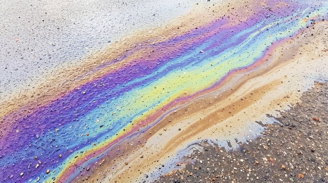 Rainbow oil slick pattern on wet asphalt road surface after rain