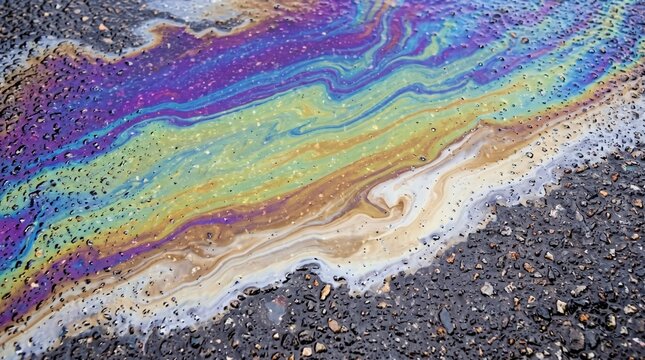 Rainbow Oil Slick on Wet Asphalt Texture Background