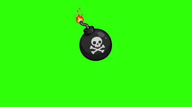 A classic 2D cartoon round black bomb featuring a skull and crossbones emblem with a lit burning fuse, isolated on a green screen background. Ideal for gaming UI elements, comic action explosions, cou