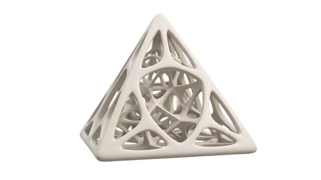 A modern white 3D geometric pyramid featured with a Voronoi lattice mesh structure, isolated on a clean white background. Ideal for architectural concept presentations, tech company branding, abstract