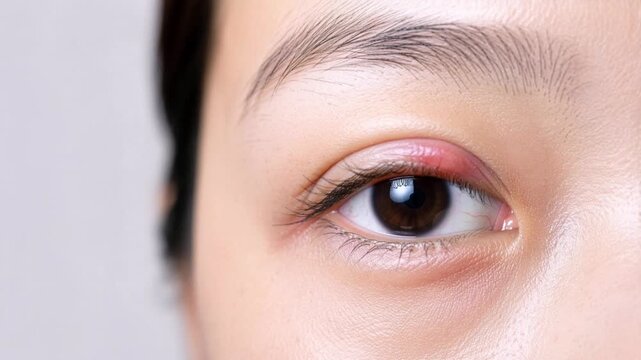 ものもらいで赤く腫れた日本人女性のまぶたのイメージ 目元クローズアップ映像