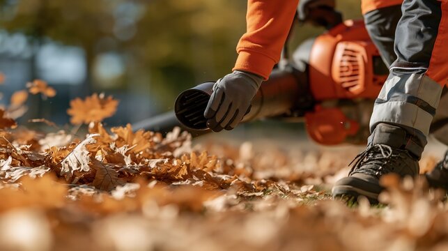Gardener using leaf blower to clear fallen autumn leaves from grassy lawn in bright sunlight