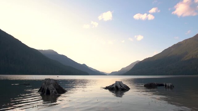 View of Buttle Lake at dusk from Ralph River campground, Strathcona Provincial Park, British Columbia, Canada