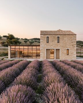 Modern Stone Villa with Glass Extension Surrounded by Blooming Lavender Fields at Sunset