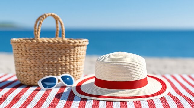 Summer Beach Vacation Essentials: Straw Bag, Hat, and Sunglasses on Striped Blanket with Ocean Background