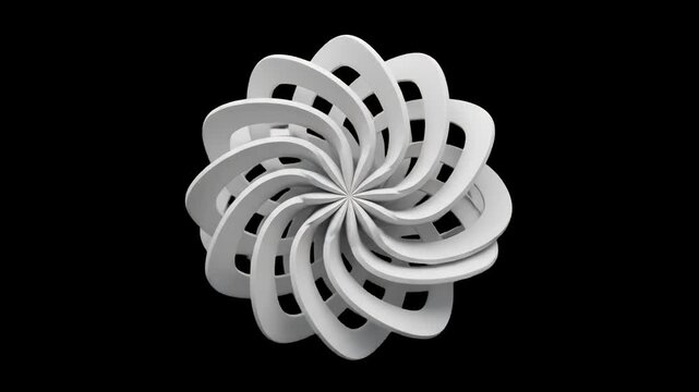 An abstract white 3D geometric spiral vortex forming an optical illusion flower pattern, isolated on a dark black background. Ideal for high-contrast motion design, sci-fi intro sequences, hypnotic po