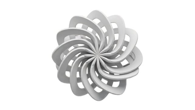 An abstract white 3D geometric spiral vortex forming a complex optical illusion flower shape, isolated on a clean white background. Suitable for motion graphics, abstract technology intros, portal vis