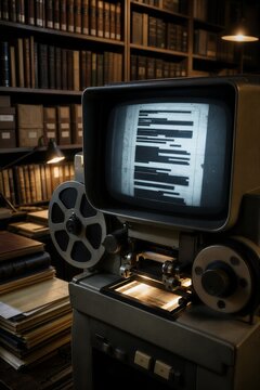 Vintage Microfilm Reader Displaying a Redacted Classified Document in a Dark Archival Library, Suggesting Historical Investigation and Secret Research.