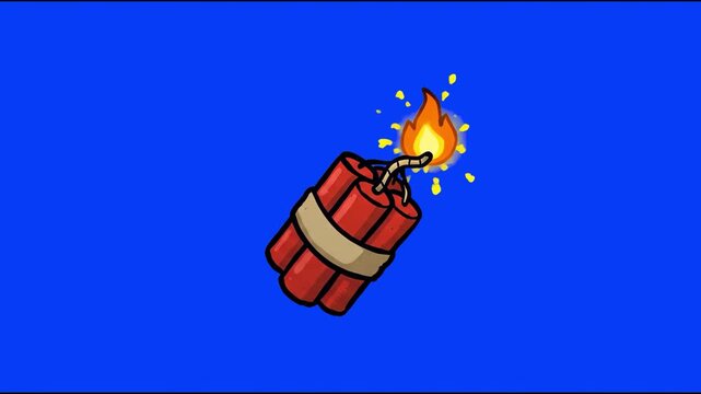 A cartoon bundle of red dynamite sticks with a burning lit fuse sparkling, isolated on a solid blue chroma key background. Perfect for action animations, explosive game effects, countdown promos, and 