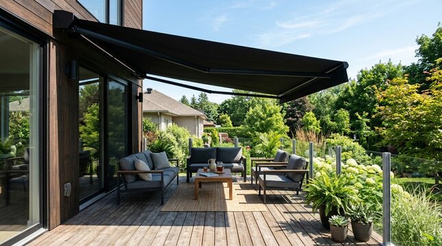 Modern black retractable awning shading a wooden deck with lounge furniture, potted plants and sharp shadows on a sunny summer afternoon