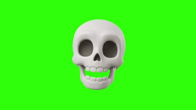 A stylized 3D white skull character talking and laughing with an open jaw, isolated against a bright chroma key green screen background. Designed for Halloween promos, gaming reaction videos, spooky c