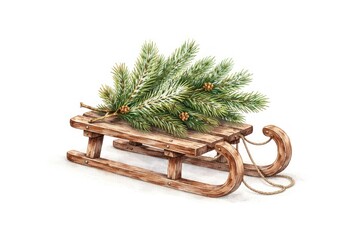 Naklejka premium Rustic sled with pine branches illustration.
