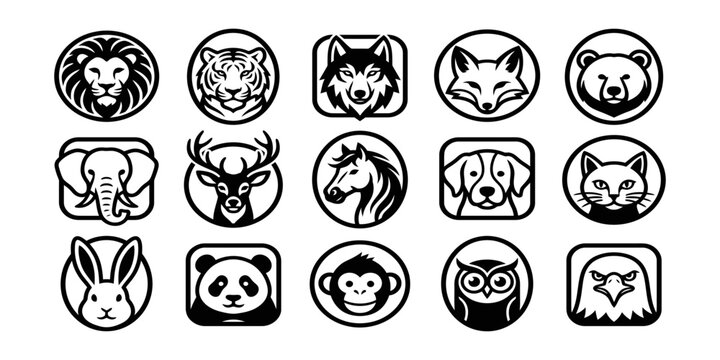 Collection of black and white animal head icons set in oval and rectangular frame shapes