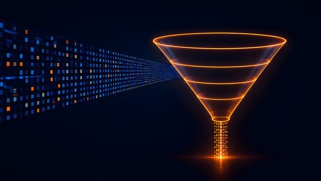 Data filtering funnel processing digital information blocks into concentrated light beam representing big data analytics