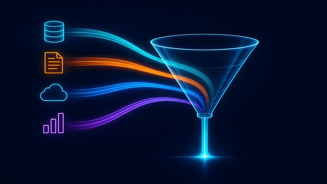 Data integration funnel consolidating cloud storage document and analytics icons into single glowing network stream