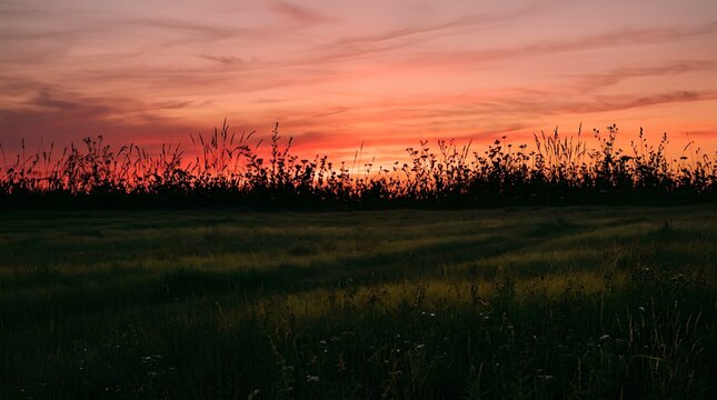Silhouetted wild grasses and small wildflowers line the horizon against a vivid red to coral sunset sky over a dark meadow landscape