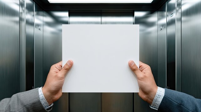 Blank paper held by two hands in an elevator