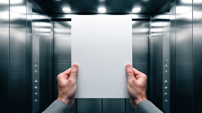 Blank paper held in hands inside an elevator (1)