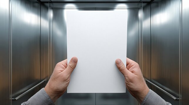 Blank paper held in hands inside an elevator (2)