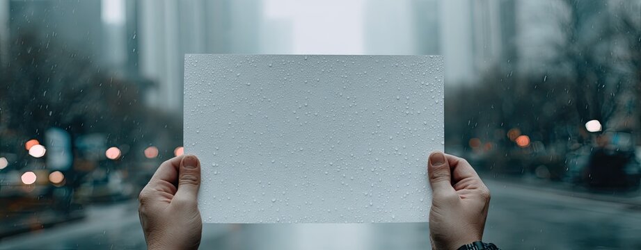 Blank sheet held in hands, urban rainy backdrop