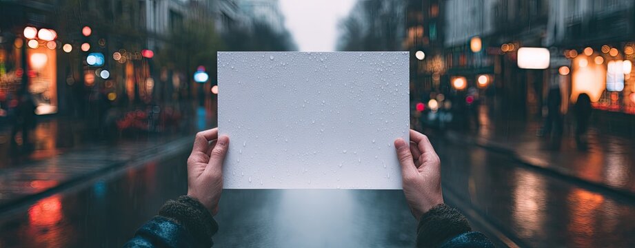 Blank protest sign held by hands in city street at night