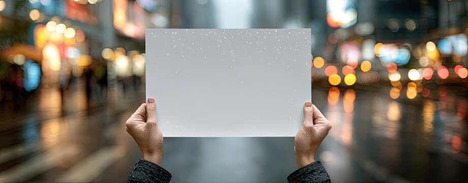 Blank protest sign held aloft in city