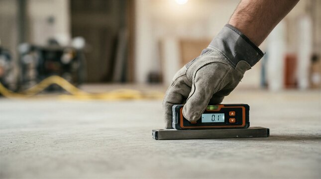 Construction Inspector Measuring Floor Levelness with Digital Inclinometer Level - Concrete Floor Inspection
