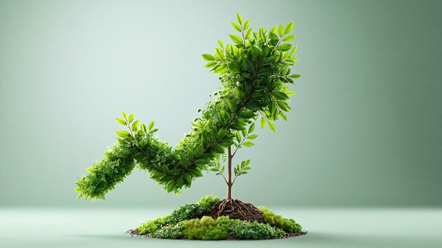 Green business growth concept: A tree shaped like an upward trending graph with lush leaves on a light background