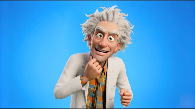 An eccentric 3D cartoon mad scientist with wild white hair speaking animatedly and gesturing with enthusiasm, set against a solid blue studio backdrop. Perfect for comedy clips, science experiment pro