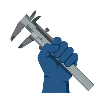 Blue gloved hand holding a metal vernier caliper for industrial measurement on white background