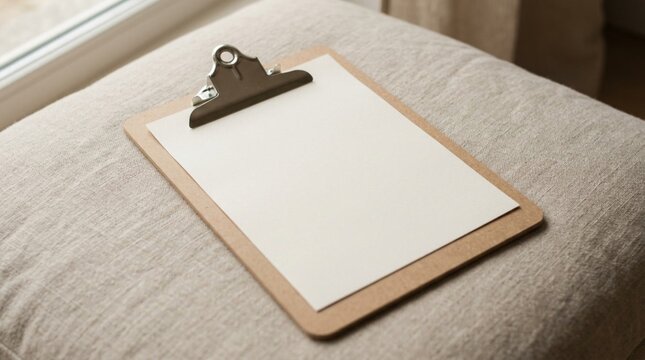 Plain beige wooden clipboard with single blank white sheet of paper on soft neutral fabric surface, minimalist stationery mockup with natural daylight, simple office supply