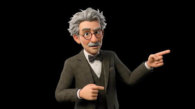 A 3D animated elderly male professor in a tweed suit, bow tie, and glasses talking and gesturing with his hand, isolated on a clean black background. Ideal for high-contrast educational videos, lectur