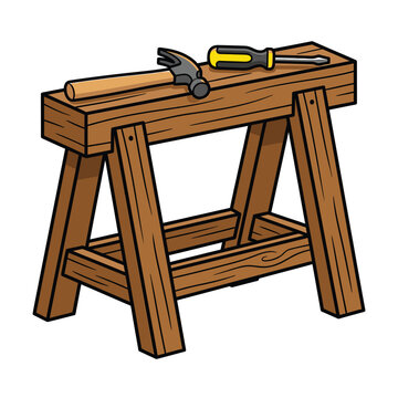 Wooden sawhorse with a hammer and screwdriver for carpentry work on a white background
