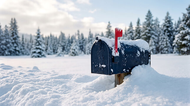 Classic Mailbox Covered in Snow in a Beautiful Winter Forest