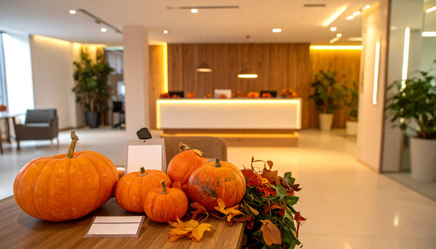 Corporate Halloween Event Registration Setup with Pumpkins and Autumn Decor