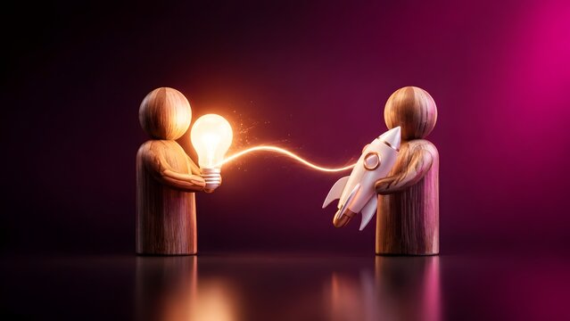 Two wooden figures sharing a glowing lightbulb idea and launching a space rocket symbolizing startup innovation and teamwork