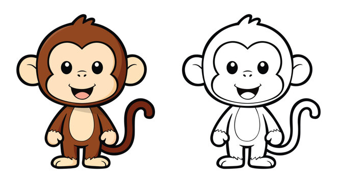 Cute monkey cartoon character and black line outline coloring page set, little ape illustration isolated on white background for kids education book.