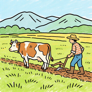 Illustrated farmer plowing field with brown and white cow in rural countryside setting.