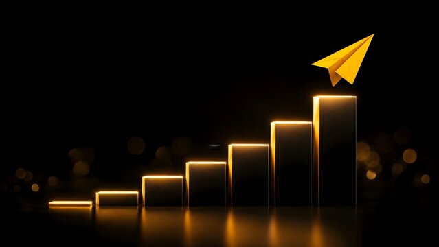 Yellow origami paper airplane launching from an ascending glowing bar chart representing upward business growth and financial success