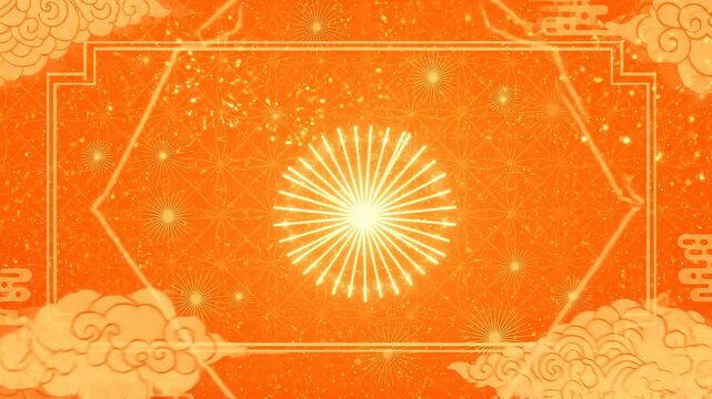 Vibrant Traditional Chinese Style Background with Fireworks and Clouds for Lunar New Year Celebration Greeting