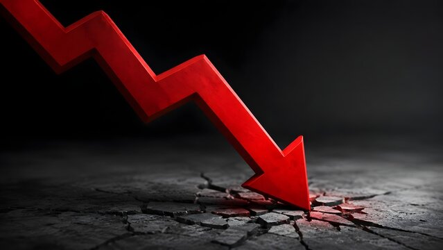 Heavy red downward arrow crashing and shattering the dark concrete ground symbolizing severe economic recession and financial market collapse
