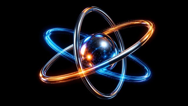 High tech glowing atomic molecule model with blue and orange neon light orbits representing quantum computing and futuristic science