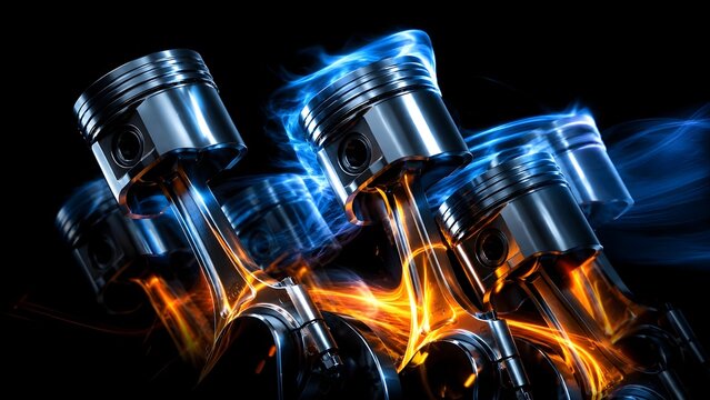 High performance engine pistons operating at extreme speed with fiery combustion and blue electrical smoke representing ultimate automotive power