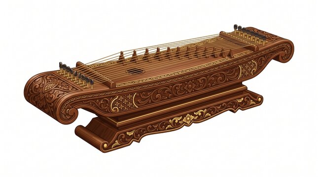 Ornate traditional Thai khim hammered dulcimer with intricate wood carvings and golden bronze finish isolated on white background