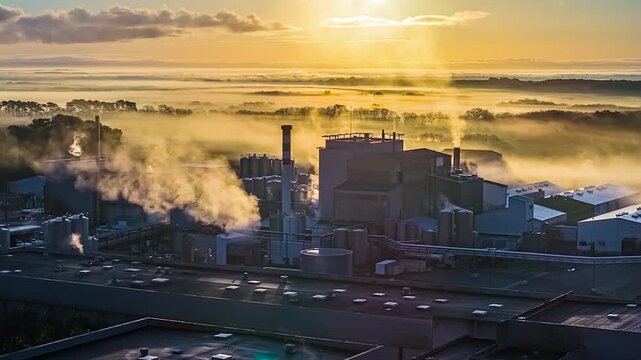 Aerial view moving sideways to left in hyperlapse over industrial plant with smoking chimneys surrounded by fog and forest at golden sunrise