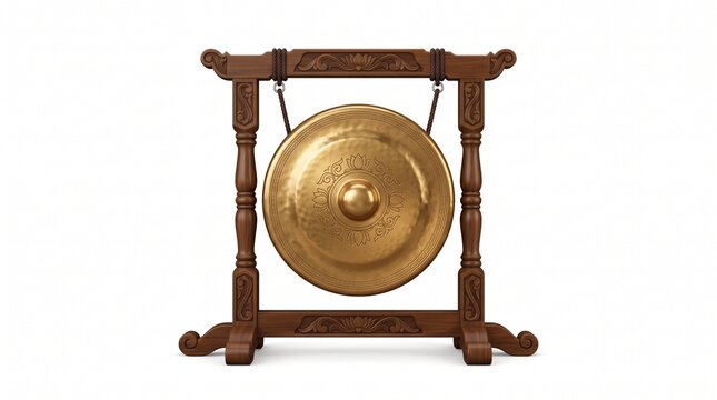 Polished golden brass traditional Asian percussion gong suspended on an ornate dark brown wooden stand, ready for ceremonial music and cultural performances