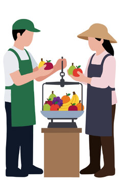 Flat vector icon illustration of a stall owner and farmer working together to weigh colorful fresh fruits at a market stall using a traditional hanging scale filled with vibrant bananas apples