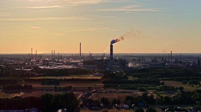 PKN ORLEN Production Plant smokestacks rise beyond sunlit fields as smoke drifts into the warm sunset sky.