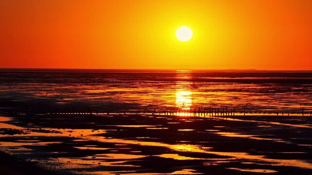 Aerial sideways view captures a fiery sun setting over the Wadden Sea's exposed tidal mudflats with silhouetted groynes at Eemshaven, Netherlands